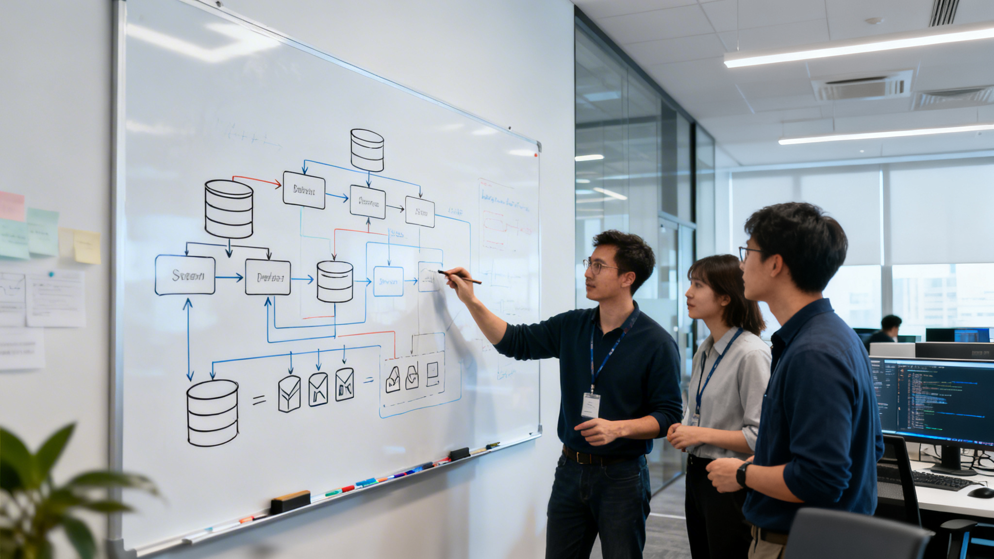 Developers whiteboarding a system architecture